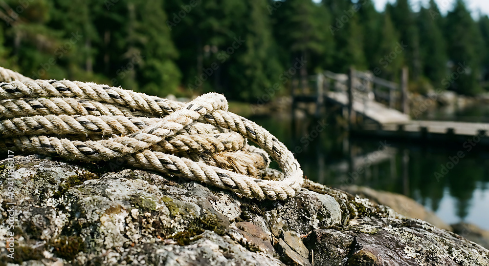 Fototapeta premium thick braided rope coiled on a mossy rock by a serene lake with a rustic wooden dock and green forest.