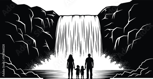 Family silhouettes at waterfall, nature bonding, scenic landscape, parents and children, outdoor adventure, unity theme, vector illustration, black icons, design element