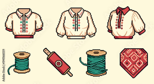 Retro pixel art collection of traditional blouses and sewing supplies