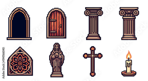 Retro pixel art icon set featuring gothic architecture and religious symbols