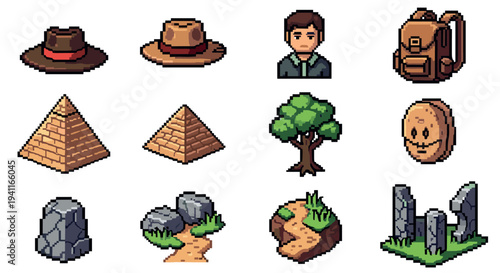 Retro pixel adventure icons: hat, traveler, backpack, nature, and landmarks