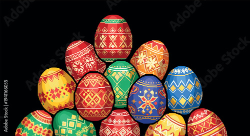 Colorful geometric patterned easter eggs against black background