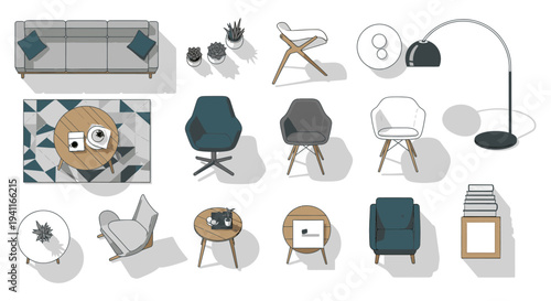modern minimalist interior furniture and home decor elements top-down isometric view perfect for design planning