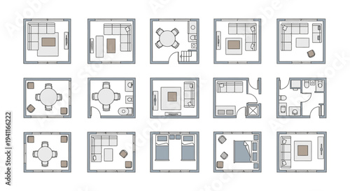 various floor plan layouts illustrating different interior designs for residential rooms ideal for architectural planning