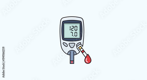 Blood glucose meter with test strip and digital display showing 120 70 on a plain background