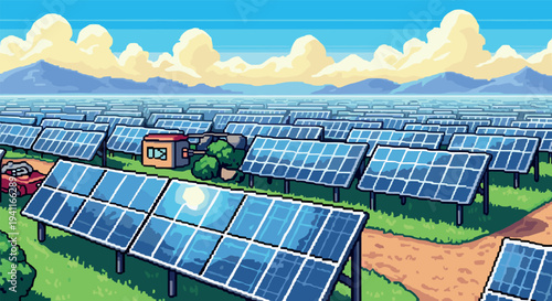 Pixel art solar farm: renewable energy in a vibrant pixelated landscape