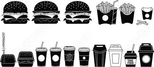 Fast food items illustration, hamburgers, French fries, drink cups, takeout containers, packaging design, black and white artwork, vector food concept art