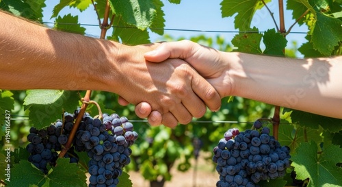 Two hands shaking in a vineyard with clusters of dark purple grapes.