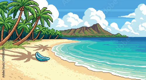 Pixel art tropical beach with palm trees and ocean waves under a clear sky