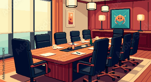 Cozy office meeting room with pixel art furniture and decor for modern workspaces