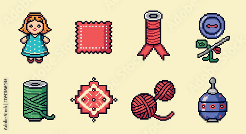 Retro sewing icons set in 8-bit pixel art style with vintage craft tools and yarn