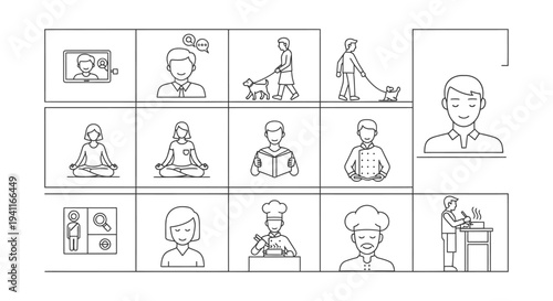 diverse people line icons representing daily activities hobbies work and well-being illustrating modern lifestyle concepts