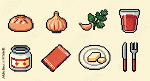 Pixel art food icons: bread, onion, herbs, spices, and tableware