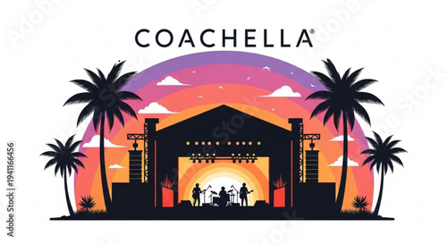 Coachella music festival stage at sunset with palm trees and vibrant sky