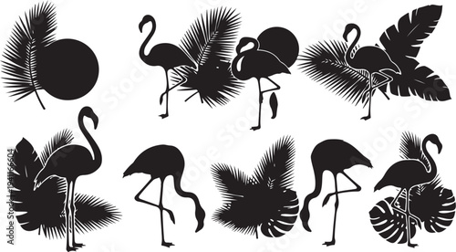 Black Silhouettes of Flamingos and Tropical Leaves Illustration Set