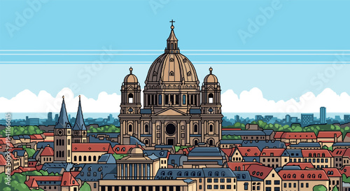 Detailed urban skyline with historic cathedral and cityscape in daylight