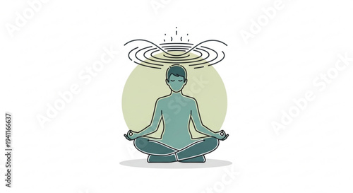 Person meditating in lotus position with swirling thoughts above head symbolizing mindfulness and mental calmness in a serene environment