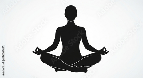 Black silhouette of a person meditating in lotus position on white background yoga and mindfulness concept