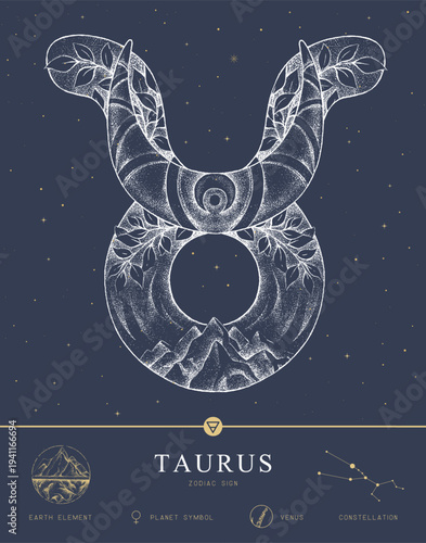 Modern magic witchcraft card with astrology Taurus zodiac sign characteristic. Hand drawing art product. Vector illustration