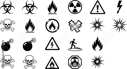 hazard, warning, danger, icons, biohazard, radiation, skull, bomb, explosion, fire, electricity, toxic, safety, caution, symbol, industrial, risk, emergency, alert, signs