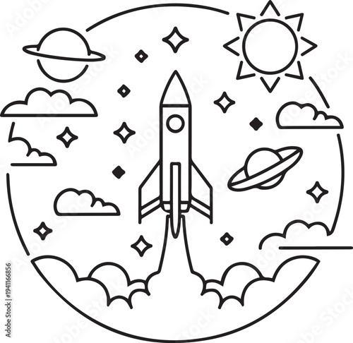 Rocket Launch Line Art Minimalist Space Illustration Vector Design
