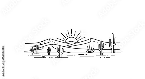Desert landscape with cacti and mountains at sunrise black line art illustration