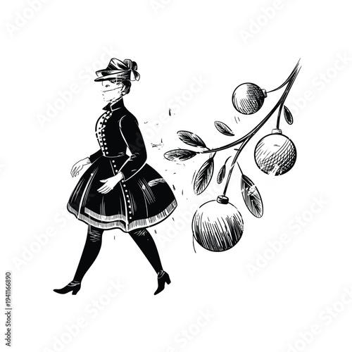 A vintage woman walks with a branch of christmas ornaments