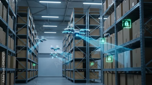 Autonomous drones scan cardboard boxes on high shelves in a modern industrial warehouse using blue laser beams and digital security icons