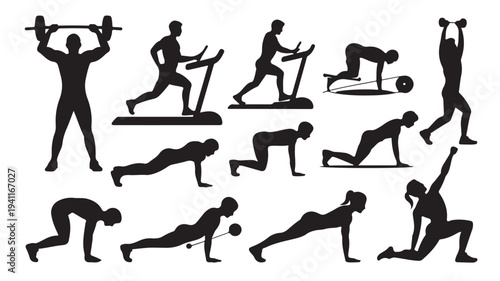 Silhouettes of people exercising in various poses on fitness equipment