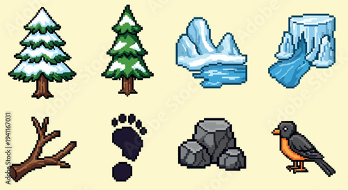 Pixel art nature set: trees, ice, rocks, footprint, bird, branch