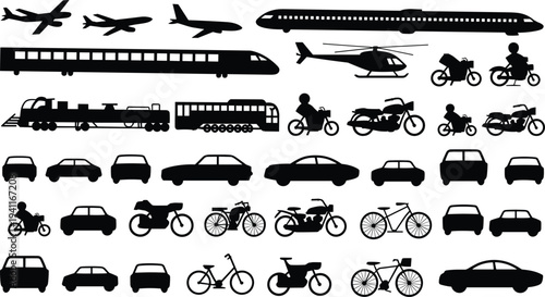 Transportation Silhouettes Collection with Airplane Train Car Motorcycle Bicycle and Helicopter Vector Set