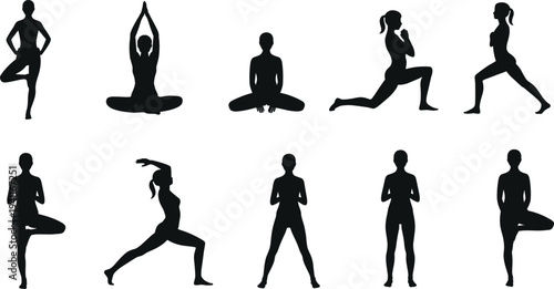 Yoga and Fitness Woman Silhouettes Performing Balance and Stretching Poses Vector Illustration Set
