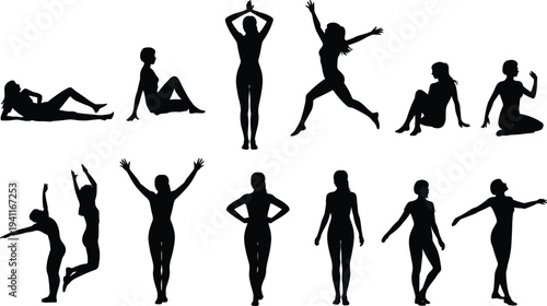 Women Silhouettes Collection in Various Poses Dancing Sitting Jumping and Standing Vector Illustration Set