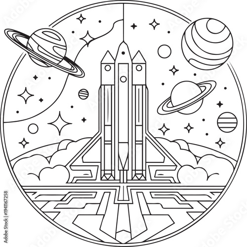 Futuristic Space Line Art Rocket Tower and Planet Illustration Design
