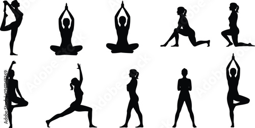 Yoga Poses Silhouettes Collection Women Practicing Fitness and Meditation Vector Illustration Set