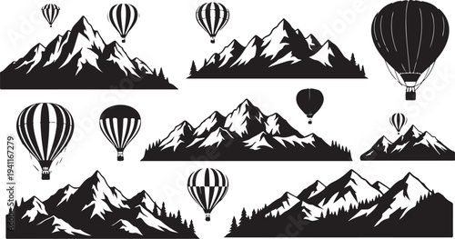Hot Air Balloons Floating Above Snowy Mountain Ranges Silhouette
