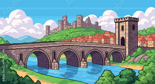 Pixel art bridge with castle background and river scene