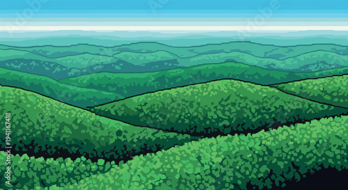 Pixelated rolling hills landscape with dense greenery and blue sky