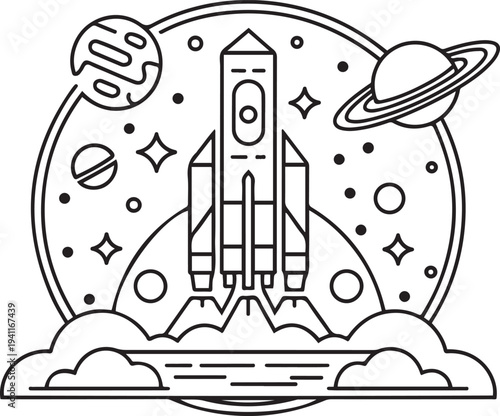Futuristic Space Line Art Rocket Tower and Planet Illustration Design
