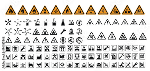 Industrial safety warning signs collection with chemical hazard icons, toxic substances, fire danger, laboratory equipment symbols, construction tools, and workplace security