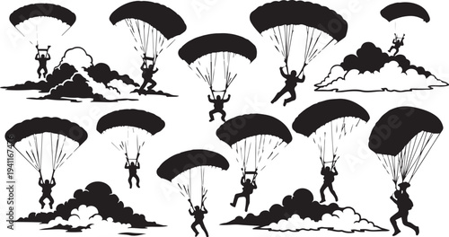 Parachuters in various poses and cloud formations silhouetted