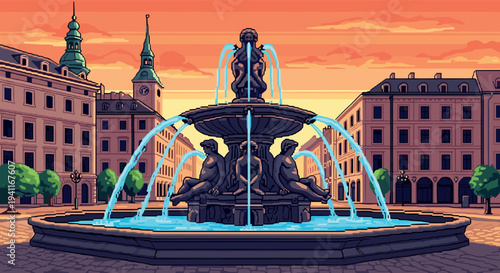 Pixel art fountain in historic city square at sunset with vibrant sky and architecture
