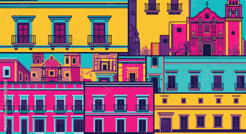 Colorful geometric cityscape featuring retro architecture with pop art style