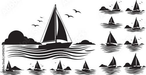 Sailing Boats on Water with Birds and Rocky Islands