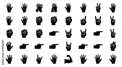 Large set of black hand gesture silhouettes including pointing finger palm fist rock on and counting symbols isolated on white