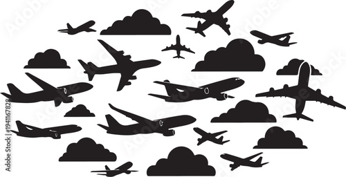 Airplanes flying in the sky with clouds silhouette vector
