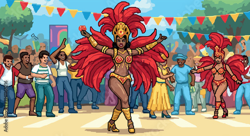 Vibrant carnival parade in pixel art with colorful costumes and festive atmosphere