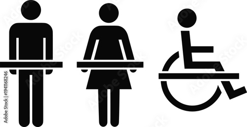 Male and female restroom icons with wheelchair accessibility sign, inclusive public toilet symbols for gender neutral washroom and bathroom signage