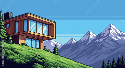Modern cabin on hillside with snowy mountains background in pixel art style