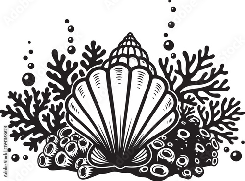 Black and White Illustration of a Large Seashell Underwater Scene